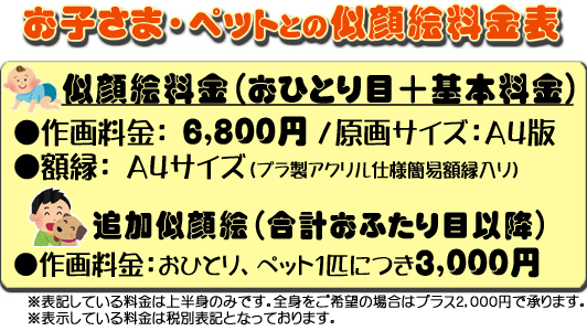 お子さまペット似顔絵との似顔絵料金表